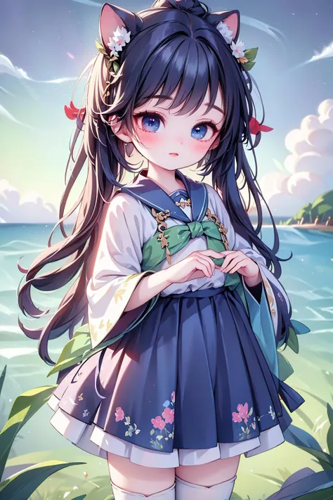 (best quality:1.4),(masterpiece:1.4),(8K:1.4),(extremely detailed:1.4),1girl,bangs,beach,bird,black legwear,(heterochromia:1.4),(red eyes:1.4),(blue eyes:1.4),very long blonde hair,cat ears clouds,blue sailor collar,blue skirt,blue sky,blush,red bow,closed mouth,cloud,cloudy sky,condensation trail,day,standing by the sea,