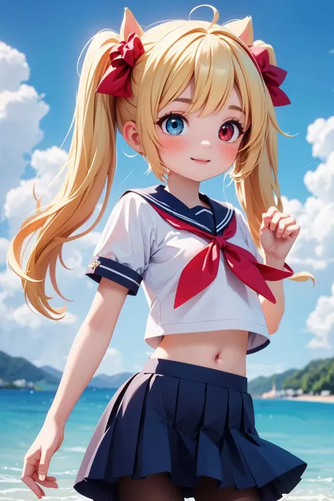 1girl,bangs,beach,bird,black legwear,(heterochromia:1.4),(red eyes:1.4),(blue eyes:1.4),(very long blonde hair:1.4),cat ears clouds,blue sailor collar,blue skirt,blue sky,blush,(red bow:1.2),closed mouth,cloud,cloudy sky,condensation trail,day,eyebrows visible through hair,floating hair,hair bow,horizon,island,lake,lighthouse,looking at viewer,midriff,mountain,navel,neckerchief,ocean,outdoors,pantyhose,partially underwater shot,pleated skirt,red neckerchief,sailor collar,school uniform,seagull,shirt,shore,short sleeves,blonde hair,skirt,sky,smile,solo,standing,standing on liquid,sunlight,twintails,wading,water,waves,wet,white shirt,wind,strong wind blows,