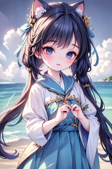 (best quality:1.4),(masterpiece:1.4),(8K:1.4),(extremely detailed:1.4),1girl,bangs,beach,bird,black legwear,(heterochromia:1.4),(red eyes:1.4),(blue eyes:1.4),very long blonde hair,cat ears clouds,blue sailor collar,blue skirt,blue sky,blush,red bow,closed mouth,cloud,cloudy sky,condensation trail,day,standing by the sea,