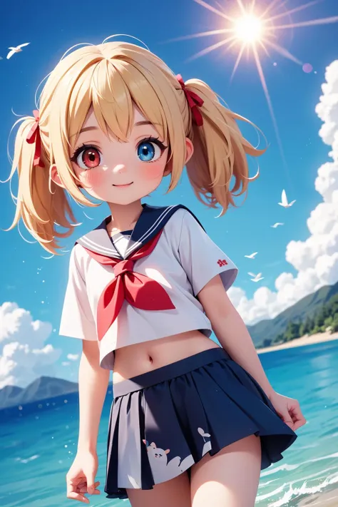 1girl,bangs,beach,bird,black legwear,(heterochromia:1.4),(red eyes:1.4),(blue eyes:1.4),(very long blonde hair:1.4),cat ears clouds,blue sailor collar,blue skirt,blue sky,blush,(red bow:1.2),closed mouth,cloud,cloudy sky,condensation trail,day,eyebrows visible through hair,floating hair,hair bow,horizon,island,lake,lighthouse,looking at viewer,midriff,mountain,navel,neckerchief,ocean,outdoors,pantyhose,partially underwater shot,pleated skirt,red neckerchief,sailor collar,school uniform,seagull,shirt,shore,short sleeves,blonde hair,skirt,sky,smile,solo,standing,standing on liquid,sunlight,twintails,wading,water,waves,wet,white shirt,wind,strong wind blows,