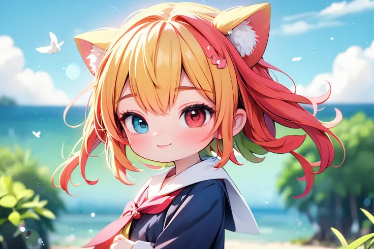 1girl,bangs,beach,bird,black legwear,(heterochromia:1.4),(red eyes:1.4),(blue eyes:1.4),very long blonde hair,cat ears clouds,blue sailor collar,blue skirt,blue sky,blush,red bow,closed mouth,cloud,cloudy sky,condensation trail,day,standing by the sea,