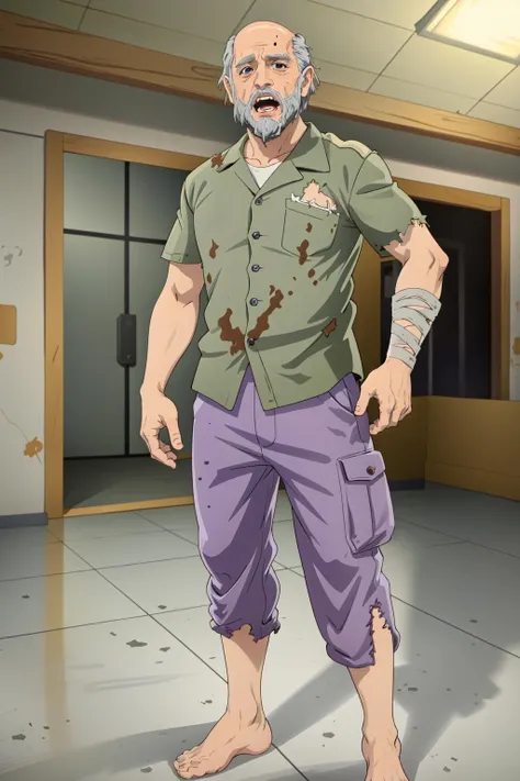 (masterpiece,best quality)1boy,wheelchairguyhw,standing,torn clothes,bandages,purple pants,barefoot,full body,arms at sides,teeth,mouth open,yelling,looking at viewer,in shack,indoors,broken furniture, <lora:Wheelchairguyhw:0.9>