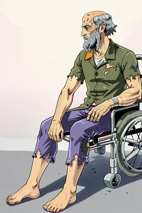 (masterpiece,best quality)1boy,wheelchairguyhw,((sitting in wheelchair)),full body,barefoot,torn clothes,bandages,purple pants,barefoot,side view, <lora:Wheelchairguyhw:0.9>