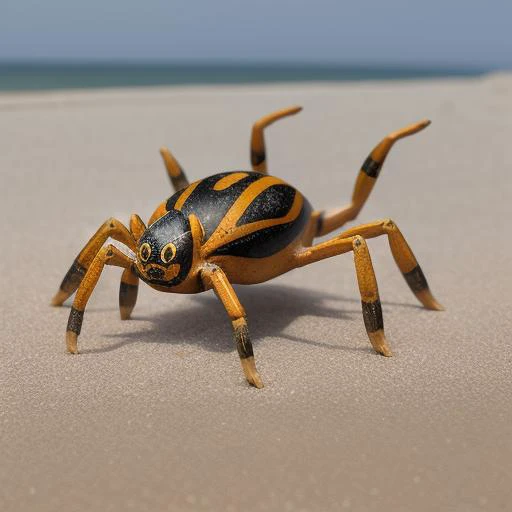 a spider, <lora:paintedpotterycd-000008:0.8>, paintedpotterycd, no humans, high quality, masterpiece, realistic, photorealistic, long-focus, outdoors, (seaside:1.2, sandbeach)