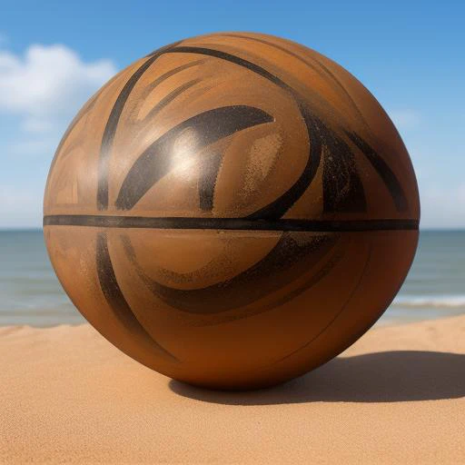 a basketball, <lora:paintedpotterycd-000009:0.9>, paintedpotterycd, no humans, high quality, masterpiece, realistic, photorealistic, long-focus, outdoors, (seaside:1.2, sandbeach)