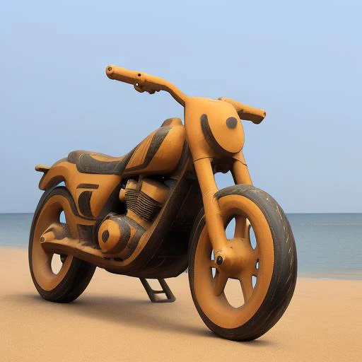 a motorcycle, <lora:paintedpotterycd-000009:1.0>, paintedpotterycd, no humans, high quality, masterpiece, realistic, photorealistic, long-focus, outdoors, (seaside:1.2, sandbeach)