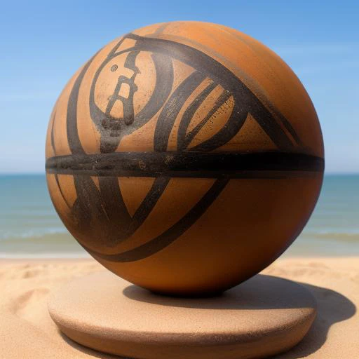 a basketball, <lora:paintedpotterycd-000008:1.0>, paintedpotterycd, no humans, high quality, masterpiece, realistic, photorealistic, long-focus, outdoors, (seaside:1.2, sandbeach)