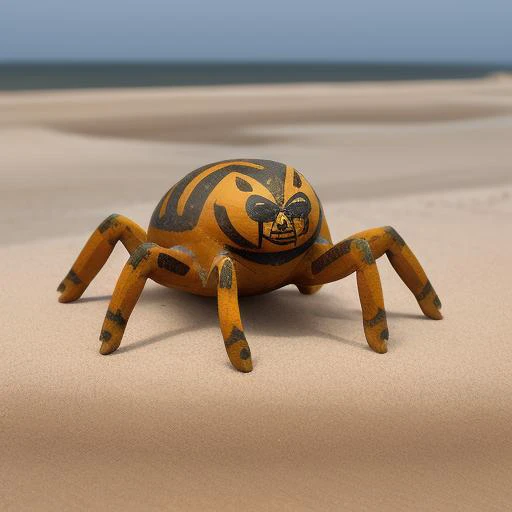 a spider, <lora:paintedpotterycd-000009:0.9>, paintedpotterycd, no humans, high quality, masterpiece, realistic, photorealistic, long-focus, outdoors, (seaside:1.2, sandbeach)