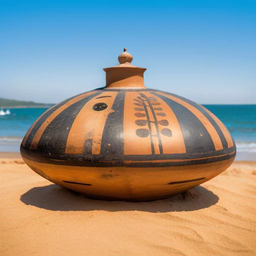 a ufo, <lora:paintedpotterycd-000009:0.8>, paintedpotterycd, no humans, high quality, masterpiece, realistic, photorealistic, long-focus, outdoors, (seaside:1.2, sandbeach)