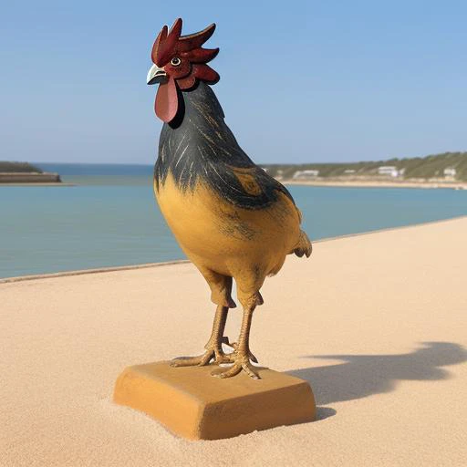 a rooster, <lora:paintedpotterycd-000008:0.8>, paintedpotterycd, no humans, high quality, masterpiece, realistic, photorealistic, long-focus, outdoors, (seaside:1.2, sandbeach)