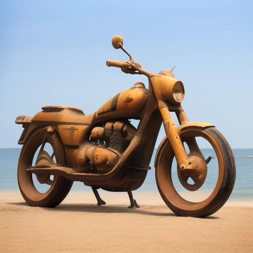 a motorcycle, <lora:paintedpotterycd-000008:0.9>, paintedpotterycd, no humans, high quality, masterpiece, realistic, photorealistic, long-focus, outdoors, (seaside:1.2, sandbeach)
