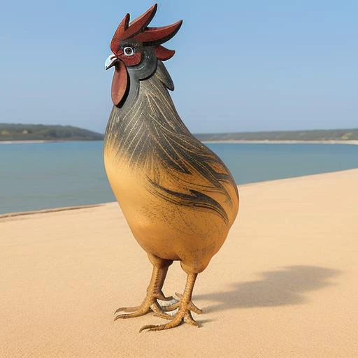a rooster, <lora:paintedpotterycd-000009:0.9>, paintedpotterycd, no humans, high quality, masterpiece, realistic, photorealistic, long-focus, outdoors, (seaside:1.2, sandbeach)