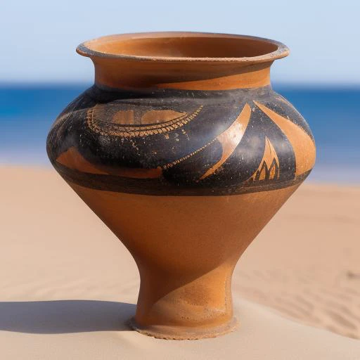 a vase, <lora:paintedpotterycd-000008:1.0>, paintedpotterycd, no humans, high quality, masterpiece, realistic, photorealistic, long-focus, outdoors, (seaside:1.2, sandbeach)