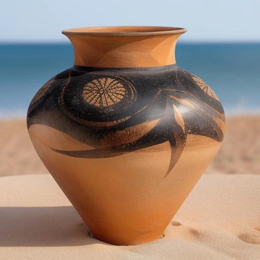 a vase, <lora:paintedpotterycd-000009:0.8>, paintedpotterycd, no humans, high quality, masterpiece, realistic, photorealistic, long-focus, outdoors, (seaside:1.2, sandbeach)
