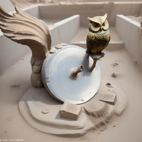 a (paintedpotterycd, dirty:1.2, broken:1.3) statue shaped like an owl, (very simple construction:1.3, simple statue:1.3), in the dirt pit, (solo:1.2), facing camera, <lora:paintedpotterycd-000005:0.9>, no humans, high quality, masterpiece, realistic, photorealistic, (outdoors, at the archaeological site)