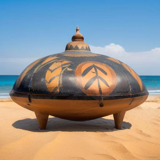 a ufo, <lora:paintedpotterycd-000008:1.0>, paintedpotterycd, no humans, high quality, masterpiece, realistic, photorealistic, long-focus, outdoors, (seaside:1.2, sandbeach)