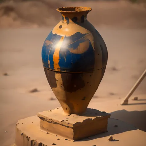 a (paintedpotterycd, dirty:1.2, broken:1.3) statue of a vase, jar, container, (very simple construction:1.3, simple statue:1.3), in the dirt pit, (solo:1.2), <lora:paintedpotterycd-000006:0.8>, no humans, high quality, masterpiece, realistic, photorealistic, (outdoors, at the archaeological site)