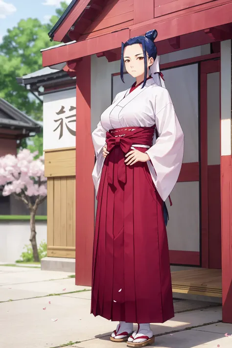 masterpiece, best quality, 1girl, kokuyou, blue hair, long hair, ponytail, brown eyes, hair bun, hakama skirt, japanese clothes, kimono, large breasts, miko, red hakama, sandals, tabi, hands on hips, full body, standing, looking at viewer, solo, s flowing pink sakura petals, japanese temple, spring <lora:Kokuyou:1>