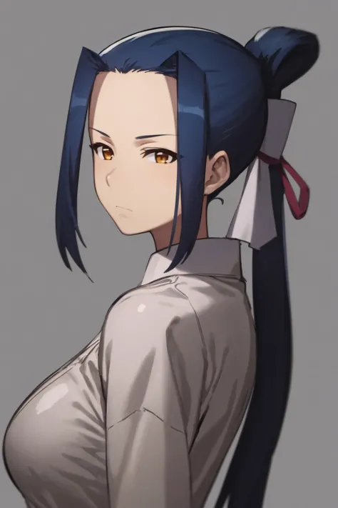 masterpiece, best quality, 1girl, kokuyou,  blue hair, long hair, ponytail, brown eyes, hair bun, emotionless, large breasts, closeup, sketch, looking at viewer, solo, simple background <lora:Kokuyou:1>
