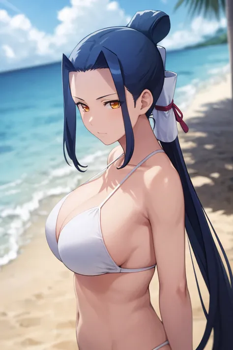 masterpiece, best quality, 1girl, kokuyou, blue hair, long hair, ponytail, brown eyes, hair bun, white bikini, large breasts, looking at viewer, sea, sand, blue sky, cloud, solo, tropical island background <lora:Kokuyou:1>