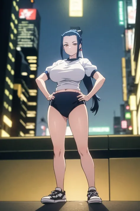 masterpiece, best quality, 1girl, kokuyou, blue hair, long hair, ponytail, brown eyes, gym uniform, blue buruma, white shirt, large breasts, hands on hips, sneakers, full body, standing, solo, looking at viewer, night, city light, view from below, night sky, cyberpunk city background <lora:Kokuyou:1>