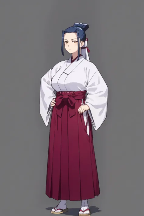 masterpiece, best quality, 1girl, kokuyou, blue hair, long hair, ponytail, brown eyes, hair bun, hakama skirt, japanese clothes, kimono, large breasts, miko, red hakama, sandals, tabi, hands on hips, full body, standing, looking at viewer, solo, simple background <lora:Kokuyou:1>