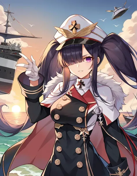 score_9, score_8_up, score_7_up, source_anime,
peterstrasser, <lora:peter-strasser-ponyxl-lora-nochekaiser:1>,
peter strasser, black hair, hair over one eye, long hair, one eye covered, purple eyes, twintails,
black coat, black ribbon, boots, buttons, cape, coat, fur trim, fur-trimmed cape, gloves, hat, high heels, military hat, peaked cap, red cape, ribbon, white gloves, white headwear,
outdoors, ocean, ship,
looking at viewer, upper body,