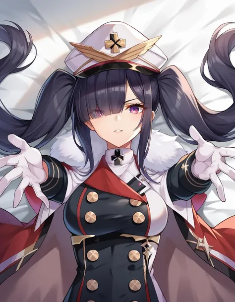 score_9, score_8_up, score_7_up, source_anime,
peterstrasser, <lora:peter-strasser-ponyxl-lora-nochekaiser:1>,
peter strasser, black hair, hair over one eye, long hair, one eye covered, purple eyes, twintails,
black coat, black ribbon, boots, buttons, cape, coat, fur trim, fur-trimmed cape, gloves, hat, high heels, military hat, peaked cap, red cape, ribbon, white gloves, white headwear,
indoors, bed, bed room, on back, arm support, arms up, incoming hug, pov, reaching, reaching towards viewer,
looking at viewer, upper body,