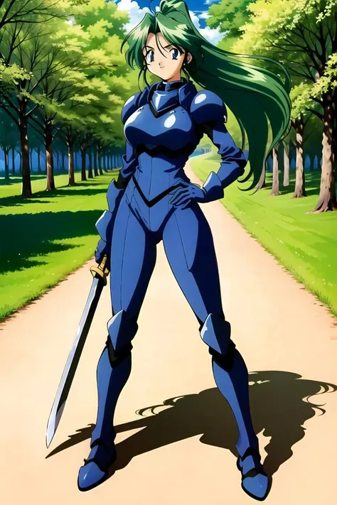 ((masterpiece)),((best quality)),ultra-detailed,illustratio,Explicit,Beautiful body,Beautiful Nose,Beautiful character design,perfect eyes,perfect face,wallpaper,ultra highres,4K,photography,(Beautiful,normal breasts:1.2),(beautiful face:1.2),beautiful legs,perfect legs,shiny skin,official style,official art,nsfw,sanime screencap,anime coloring,
1girl,green hair,long hair,black eyes,ponytail,1990s (style),armor,retro artstyle,hand on hip,gloves,looking at viewer,very long hair,pauldrons,sword,shoulder armor,weapon,solo focus,(full body:1.5),<lora:aoi nazuki:0.7>,outdoors