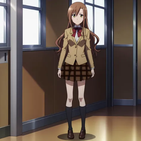 anime girl in school uniform standing in a room with windows