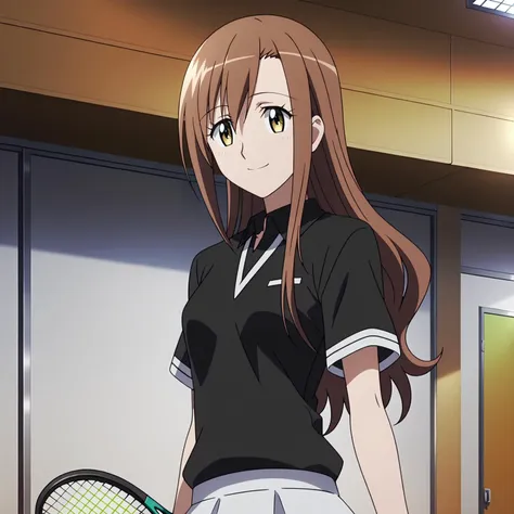 <lora:AriaShichijouXLpony001>,
smile,
solo,
AriaShichijou,1girl,brown hair,long hair,yellow eyes,
indoors,
tennis uniform,black shirt,short_sleeves,skirt,