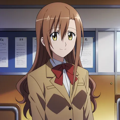 anime girl in a tan jacket and red bow tie standing in a train