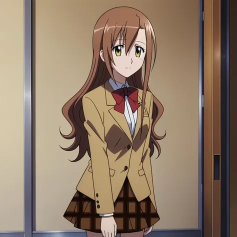 anime girl in school uniform standing in front of a door