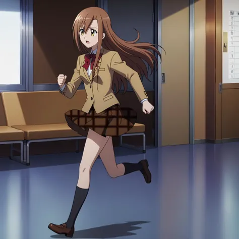 <lora:AriaShichijouXLpony001>,
solo,
AriaShichijou,1girl,brown hair,long hair,yellow eyes,
school_uniform,bowtie,
plaid skirt,
black socks,
indoors,
full body,running,