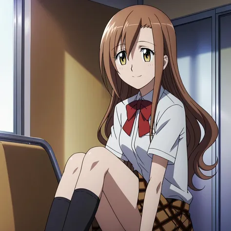 anime girl sitting on a chair with her legs crossed