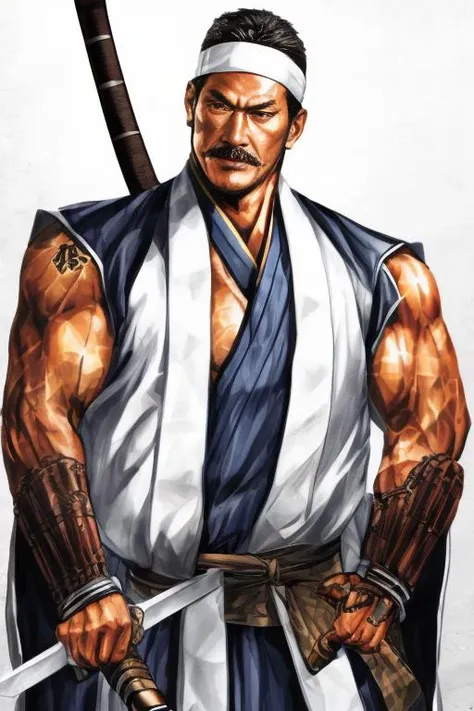 wabori,tattoo ,bust shot,upper body,<lora:add_detail:0.7> <lyco:nobu1:0.7>nobu ,1boy,  beard, brown_eyes, facial_hair, headband, holding, holding_sword, japanese_armor, katana, male_focus, manly, muscular, mustache, open_mouth, samurai, solo, sword, weapon,(no background:1.2),(white background,:1.2)