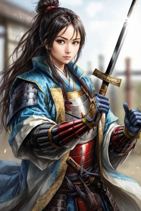 bust shot,upper body,<lora:add_detail:0.7> <lyco:nobu1:0.7>nobu ,1girl, armor, black_hair, brown_eyes,  gloves, holding_weapon, japanese_armor, long_hair, looking_at_viewer, outstretched_hand, solo, standing, sword, weapon,(no background:1.2),      <lora:suzu_v1.1:0.4> <lora:ppfs:0.7>