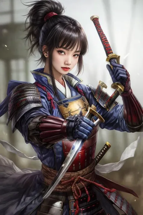 bust shot,upper body,<lora:add_detail:0.7> <lyco:nobu1:0.7>nobu ,1girl, armor, black_hair, brown_eyes,  gloves, holding_weapon, japanese_armor, long_hair, looking_at_viewer, outstretched_hand, solo, standing, sword, weapon,(no background:1.2),  blunt bangs,