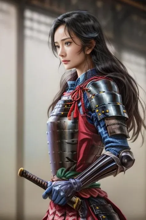 bust shot,upper body,<lora:add_detail:0.7> <lyco:nobu1:0.7>nobu ,1girl, armor, black_hair, brown_eyes,  gloves, holding_weapon, japanese_armor, long_hair, looking_at_viewer, outstretched_hand, solo, standing, sword, weapon,(no background:1.2),       <lora:HanniNewJeansV2:0.4>  <lora:yangmiv36:0.7>