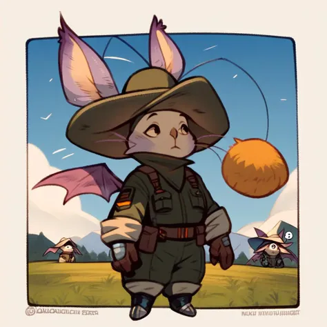 score_9, score_8_up, score_7_up, score_6_up, score_5_up, score_4_up, a moogle ranger, wth a big hat, orange pompom and purple wings, watching the mountainrange with the sun setting