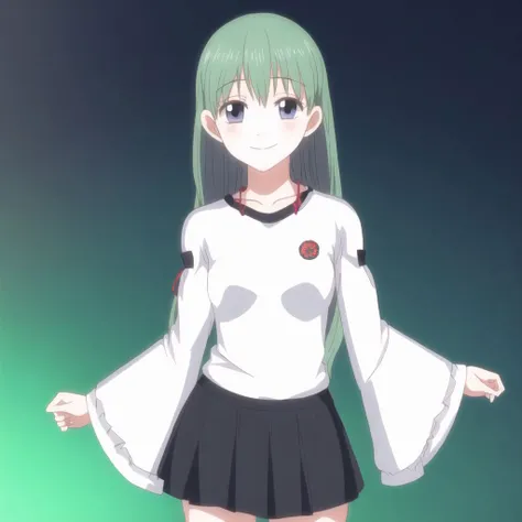 <lora:lovelycomplex3:1>, 1girl, detached sleeves, gohei, green hair, grey eyes, hair ornament, light smile, long hair, long sleeves, looking at viewer, shirt, simple background, skirt, snake hair ornament, solo, white background, wide sleeves