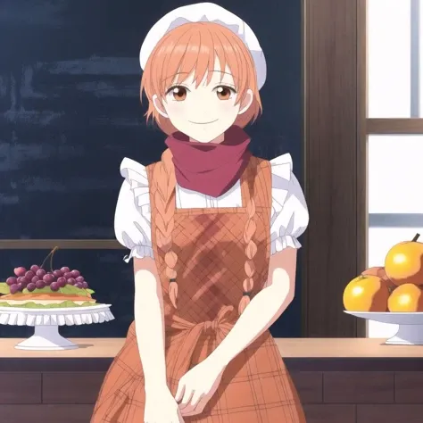 <lora:lovelycomplex3:1>, 1boy, 1girl, ahoge, apron, braid, brown eyes, brown hair, cranberry, dress, flower, food, fruit, grapes, hat, heart, orange eyes, orange hair, pear, persimmon, plaid, plaid shirt, plum, puffy sleeves, scarf, short hair, short sleeves, smile, vest, waist apron