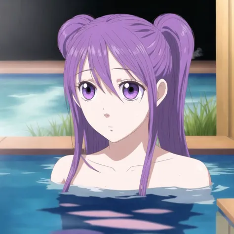 <lora:lovelycomplex3:1>, comic, hair down, highres, long hair, nude, onsen, partially submerged, purple hair, steam, twintails, violet eyes