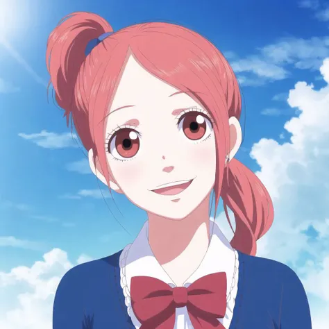 <lora:lovelycomplex3:1>, 1girl, bow, clouds, cloudy sky, ears, eyelashes, hair bow, highres, lips, long hair, looking at viewer, mouth hold, pocky, ponytail, red eyes, redhead, sky, smile, solo