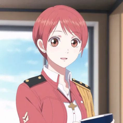 <lora:lovelycomplex3:1>, 1girl, bangs, blurry, brown eyes, clipboard, closed mouth, cup, depth of field, epaulettes, extra, fang, foreshortening, highres, holding, huira444, jacket, korean, long sleeves, looking at viewer, military, military uniform, open mouth, parted bangs, pointing, pointing at viewer, radio, red jacket, redhead, short hair, sitting, smirk, solo, spilling, st. gloriana's military uniform, tank interior, teacup, uniform, watermark