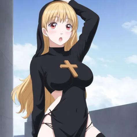 <lora:lovelycomplex3:1>, 1girl, bangs, biya \(1024\), black dress, blonde hair, blush, breasts, clothing cutout, covered navel, cross, dress, habit, highres, large breasts, latin cross, long hair, long sleeves, looking at viewer, nun, open mouth, pelvic curtain, red eyes, solo, thigh-highs, thighs, under boob, underboob cutout, white legwear
