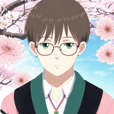 <lora:lovelycomplex3:1>, 1boy, black-framed eyewear, bolo tie, branch, brooch, brown hair, brown jacket, brown kimono, cherry blossoms, closed mouth, collared shirt, flower, glasses, green eyes, hair over one eye, haori, highres, jacket, japanese clothes, jewelry, kimono, looking at viewer, male focus, open clothes, open jacket, parted hair, pink flower, round eyewear, seal impression, shirt, short hair, signature, simple background, solo, striped, striped kimono, tree, upper body, white background