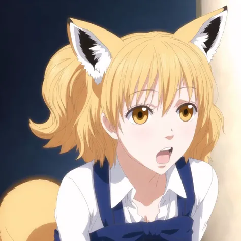 <lora:lovelycomplex3:1>, 1girl, animal ears, blonde hair, breasts, dress, fox ears, fox tail, large breasts, looking at viewer, multiple tails, no hat, no headwear, open mouth, short hair, sneer, solo, tabard, tail, white dress, yellow eyes