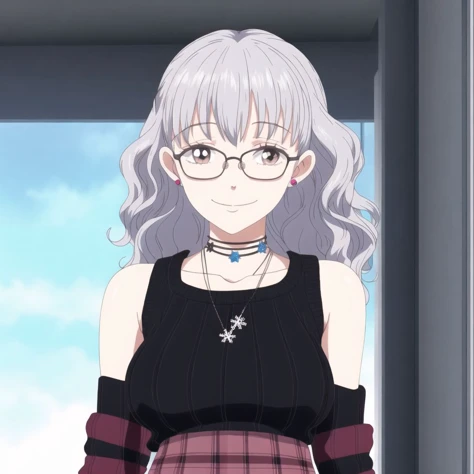<lora:lovelycomplex3:1>, 1girl, adjusting eyewear, bespectacled, black choker, black tank top, braid, breasts, brown skirt, choker, french braid, glasses, hairband, high-waist skirt, highres, huge breasts, jewelry, looking at viewer, off-shoulder sweater, off shoulder, pendant, plaid, plaid skirt, ribbed sweater, semi-rimless eyewear, short hair, silver hair, skirt, smile, snowflake pendant, solo, sweater, tank top, under-rim eyewear, virtual youtuber, wavy hair, white sweater