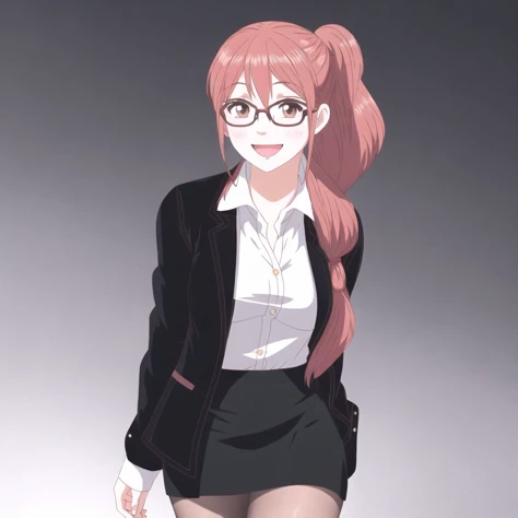 <lora:lovelycomplex3:1>, 1girl, :d, bangs, bespectacled, black hair, black jacket, black legwear, black skirt, blush, breasts, brown eyes, brown hair, collared shirt, dress shirt, eyebrows visible through hair, fang, formal, glasses, hair between eyes, hand on hip, jacket, long hair, long sleeves, looking at viewer, low ponytail, multicolored hair, open mouth, pantyhose, pencil skirt, ponytail, red-framed eyewear, s1145, shirt, simple background, skirt, skirt suit, small breasts, smile, solo, sparkle, streaked hair, suit, very long hair, white background, white shirt